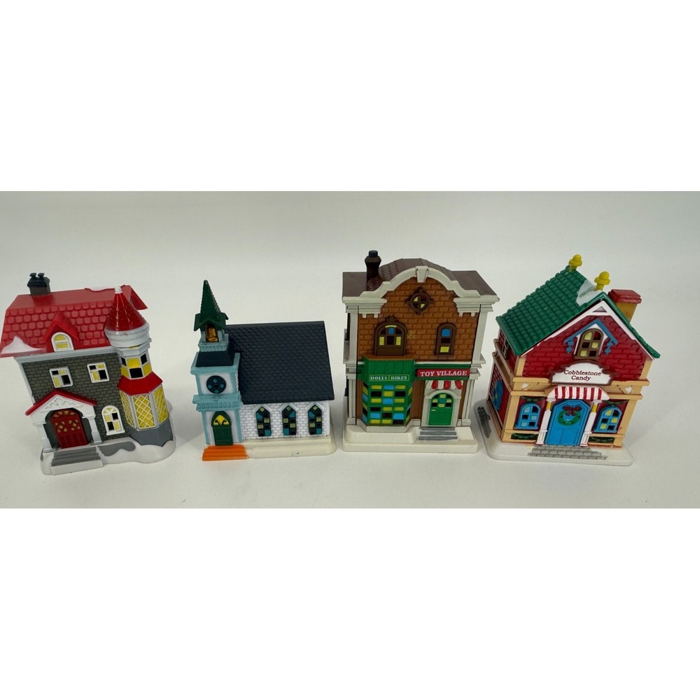 Vintage Christmas Village Houses Lot 4 Cobblestone Corners Church Toy Shop